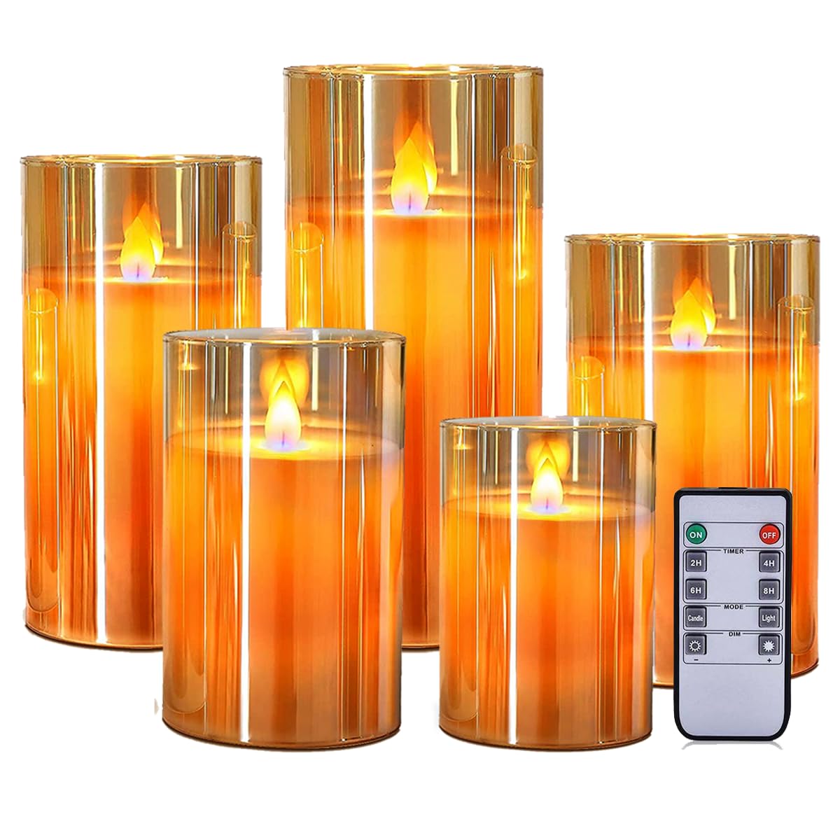 Set of 5 Premium LED Amber Glass Cup Pillar Candles with Real Wax with Moving Faux Wick | Battery Powered with Remote Controller | 3" H x4,5,6,7,8" Dia | Ideal for Home Decor and Gifting