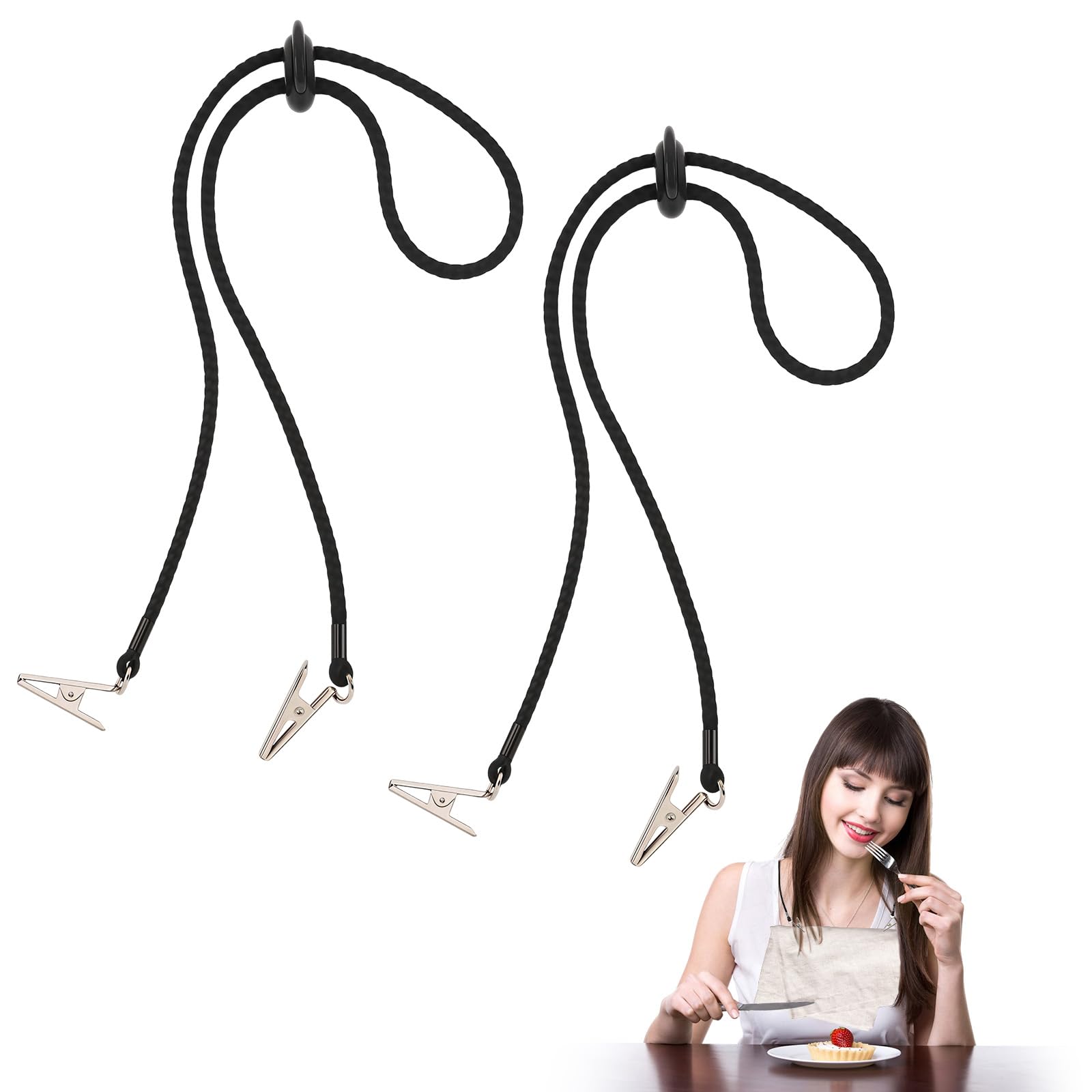 2 Pcs Adjustable Napkin Clip Black Bib Holder Clip Portable Napkin Holders Running Holder Clips Dental Bib Clips Neck Chain for Runners Adult Senior