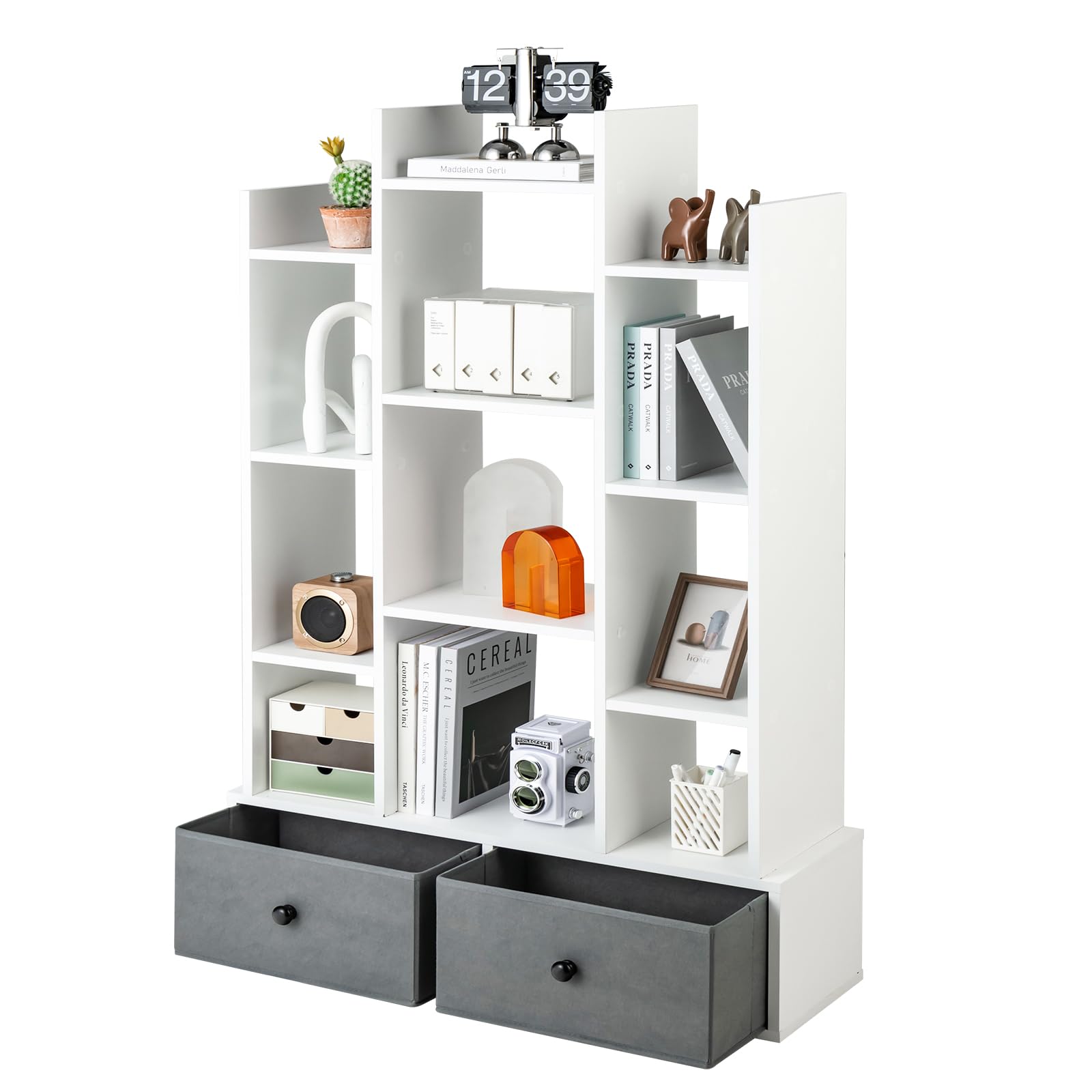 SOARS Scaffali portaoggetti a 12 livelli, scaffale in legno, 2 cassetti, scaffale con scomparti aperti, per ufficio, studio, soggiorno, camera da letto, 80 x 24 x 132 cm (bianco)