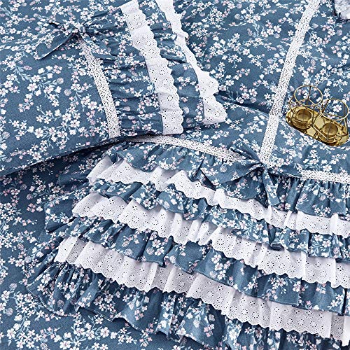 Fadfay Vintage Floral Dovet Cover Set Elegant And Shabby Blue Farmhouse Bedding White Lace Ruffle Princess Girls Bedding 100% Cotton Ultra Soft Korean Bedding With Bedskirt, Twin Extra Long Size #TOP4