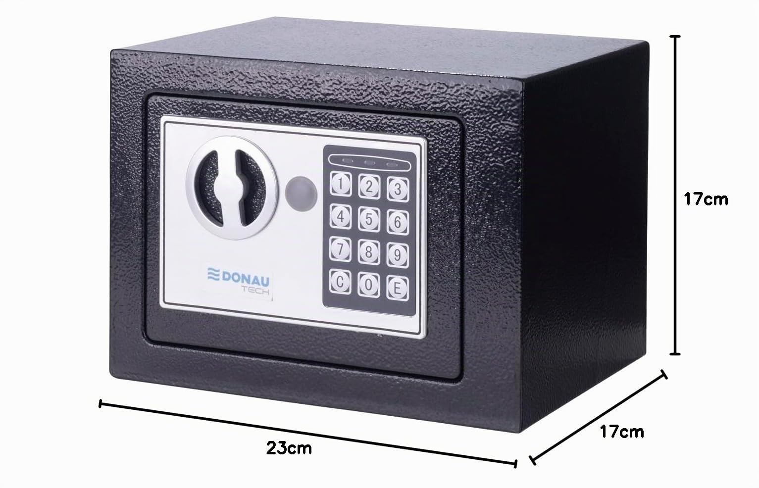 Caja fuerte digital DONAU TECH Mini 4,6L / 23 x 17 x 17 cm/Caja fuerte electrónica manual-digital pequeña para muebles/con contraseña digital y 2 llaves de seguridad/Negra
