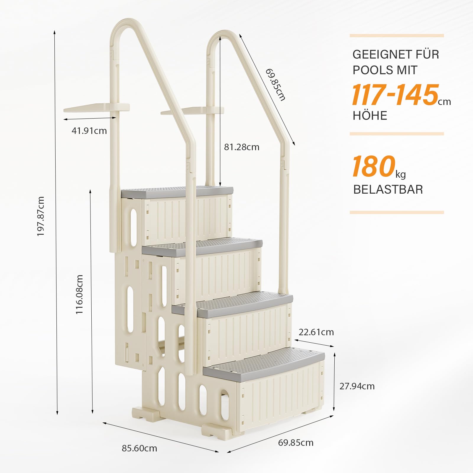 Bonnlo Escalera de piscina de plástico con tiras antideslizantes y pasamanos (blanco y gris, 4)