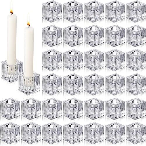Hsei 36 Pcs Glass Taper Candle Holders Bulk 1.5 Inch Clear Small Glass Candlestick Holders for 0.98 Inch Tapered Stick Candle Square Candlestick Holders for Valentine's Day Wedding Table Centerpiece