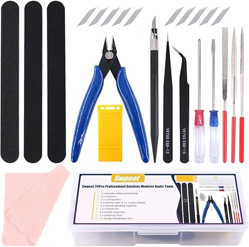 Swpeet 24 piezas compatibles con Gundam Modeler Herramientas básicas con contenedor de plástico, kit profesional para Gundam Modelo Herramientas Kit
