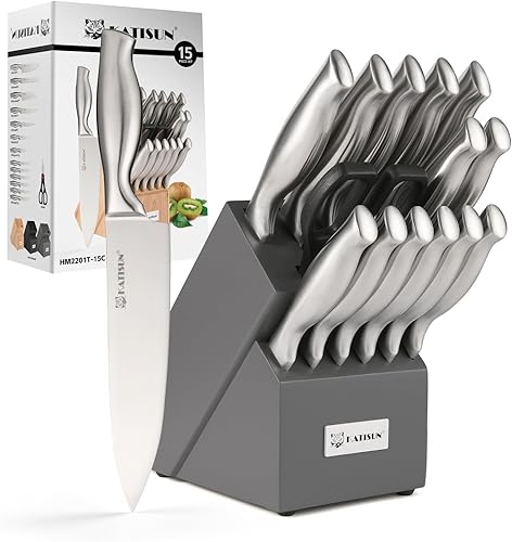 KATISUN Juego de cuchillos de cocina, juego de cuchillos de 15 piezas con bloque, juego de cuchillos para cocina, mango ergonómico hueco plateado
