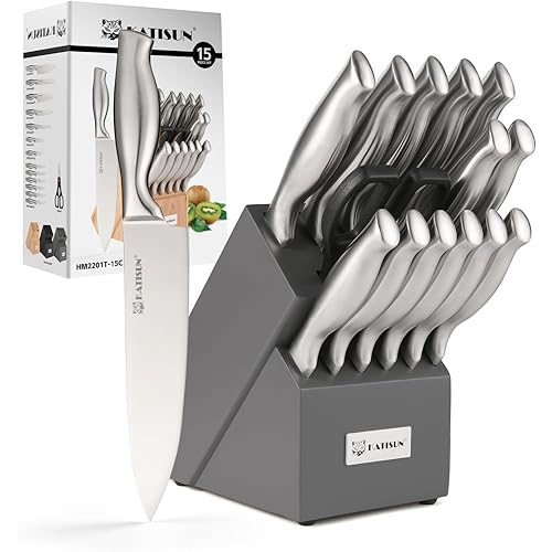 Kitchen Knife Set, 15 Pieces Knife Set with Block, Knives Set for Kitchen, Silver Hollow Ergonomic Handle for Chef Knife Set, Kitchen Shears,Gray Knife Block Set