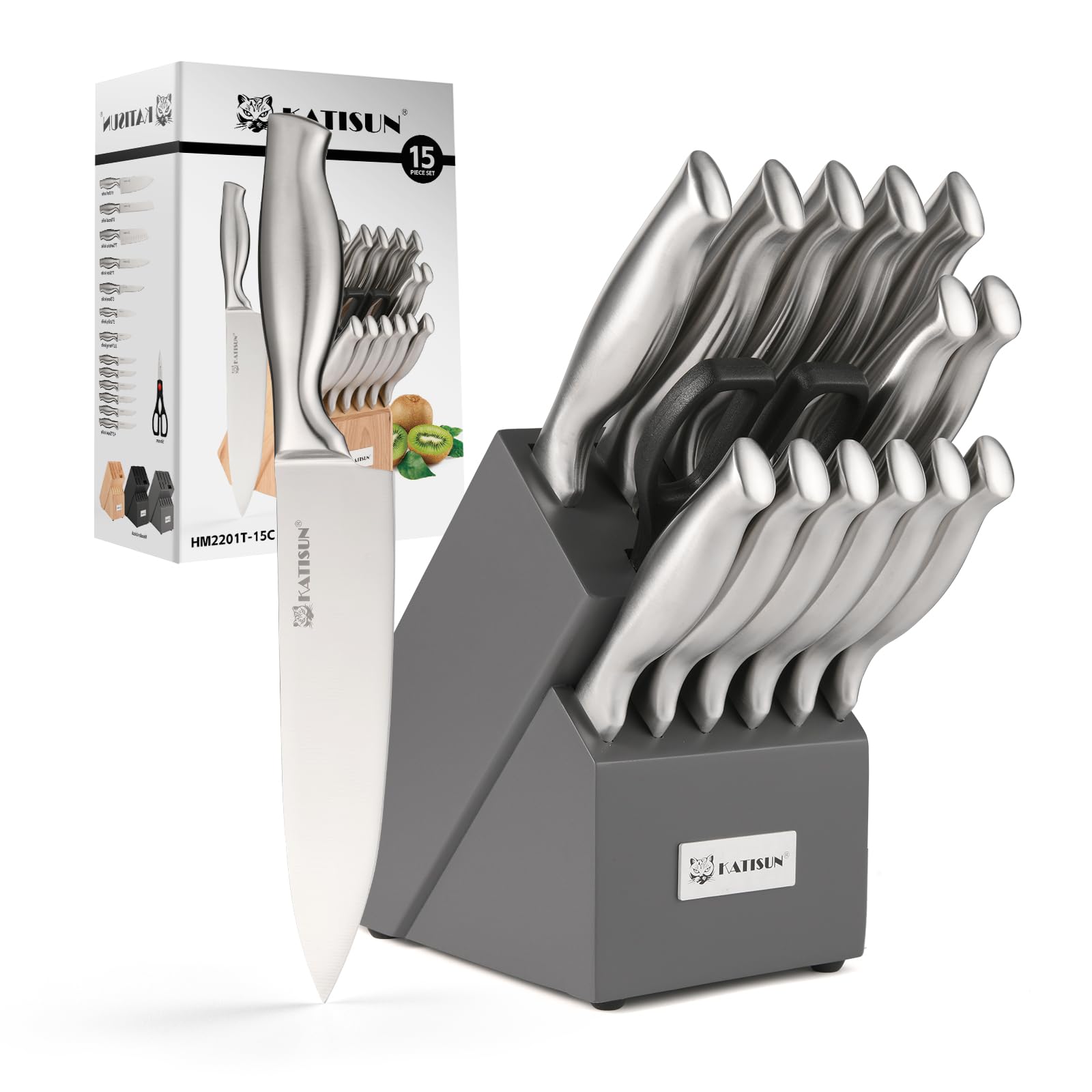 Kitchen Knife Set 15 Pieces Knife Set with Block Knives Set for Kitchen Silver Hollow Ergonomic Handle for