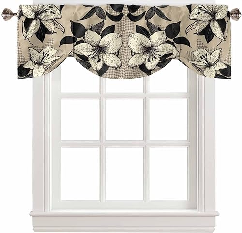 Cortinas de cenefa de flores negras y beige para ventanas, cortinas de cocina, cortinas rústicas retro beige, cortinas botánicas cortas para
