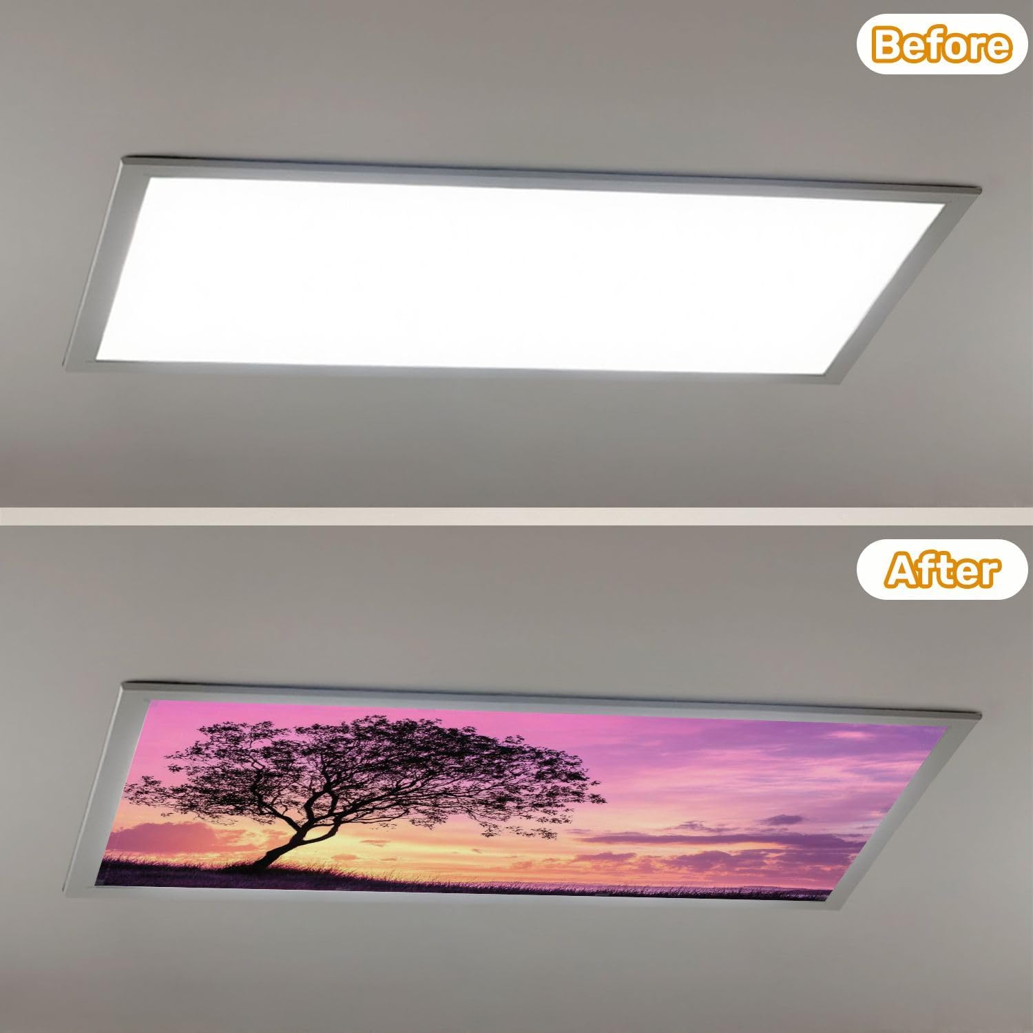 Fluorescent Light Covers for Ceiling Lights Silhouette Tree Grass Pink Purple Sky Cloud Easy to Install Magnetic Light Filter for Classroom Office Hospitals School Home Decor