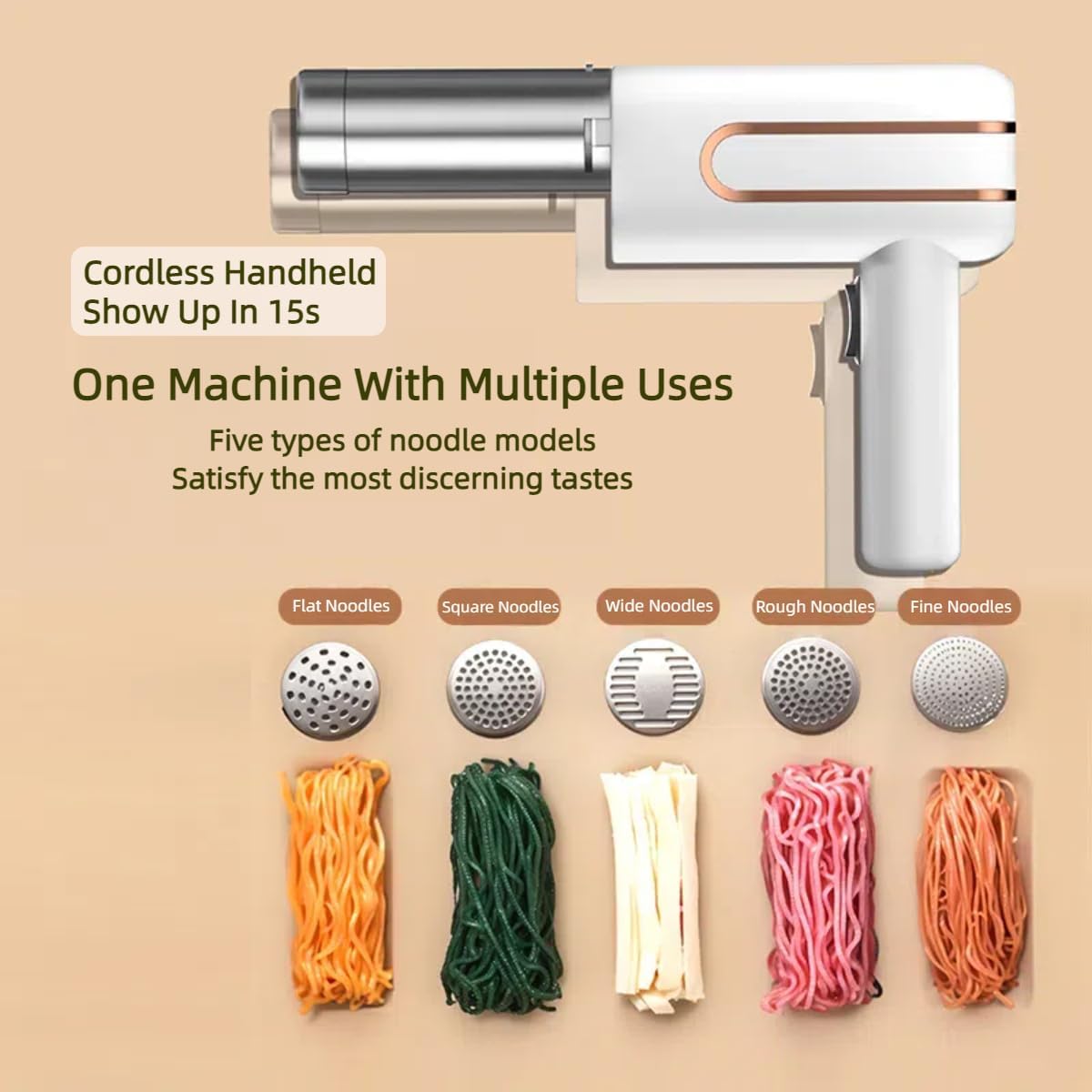 Electric Handheld Pasta Maker, Cordless Noodle Machine with Digital Display & 5 Molds, 15s to Make Fresh Linguine Pasta, Portable Automatic for Home Kitchen, Outdoor Camping (Beige)
