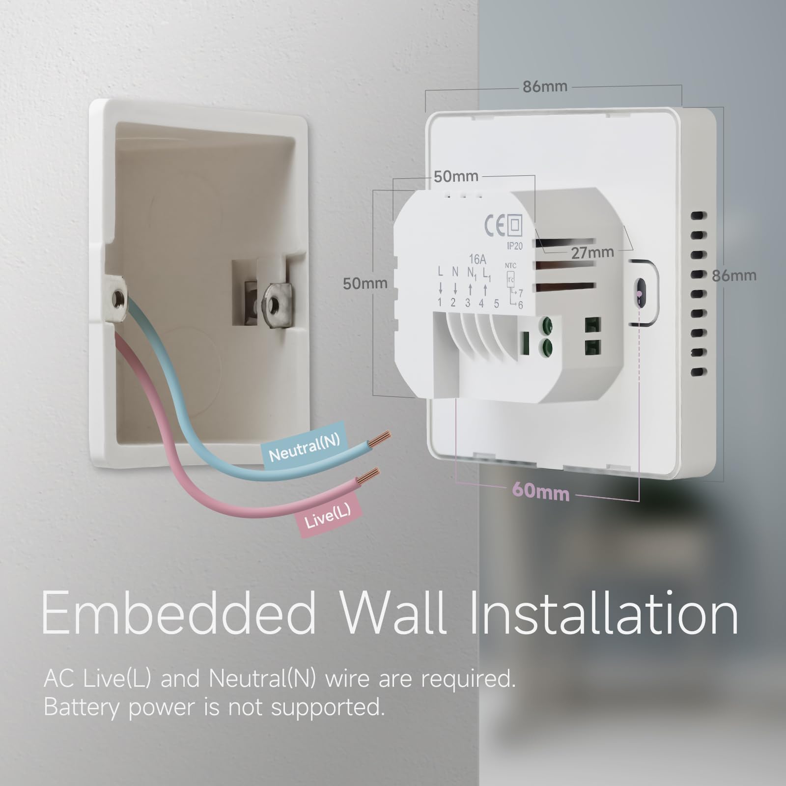Beok Thermostat Connecté Wi-FI pour chaudière, Écran intégré, Contact Sec | Thermostat d'ambiance intelligent Compatible avec Alexa et Google Assistant,Contrôle à distance (Tuya / Smart Life APP),3A