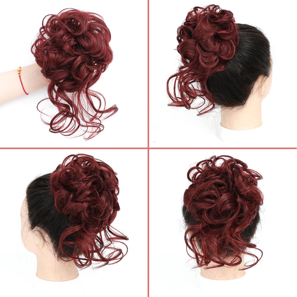 Duża treska w koku, czerwona gumka do włosów z włosami, do wysoko upiętych fryzur, kręcona treska Messy Bun, z gumką, syntetyczne włosy dla kobiet i dziewcząt (kolor czarny/burgundowy)