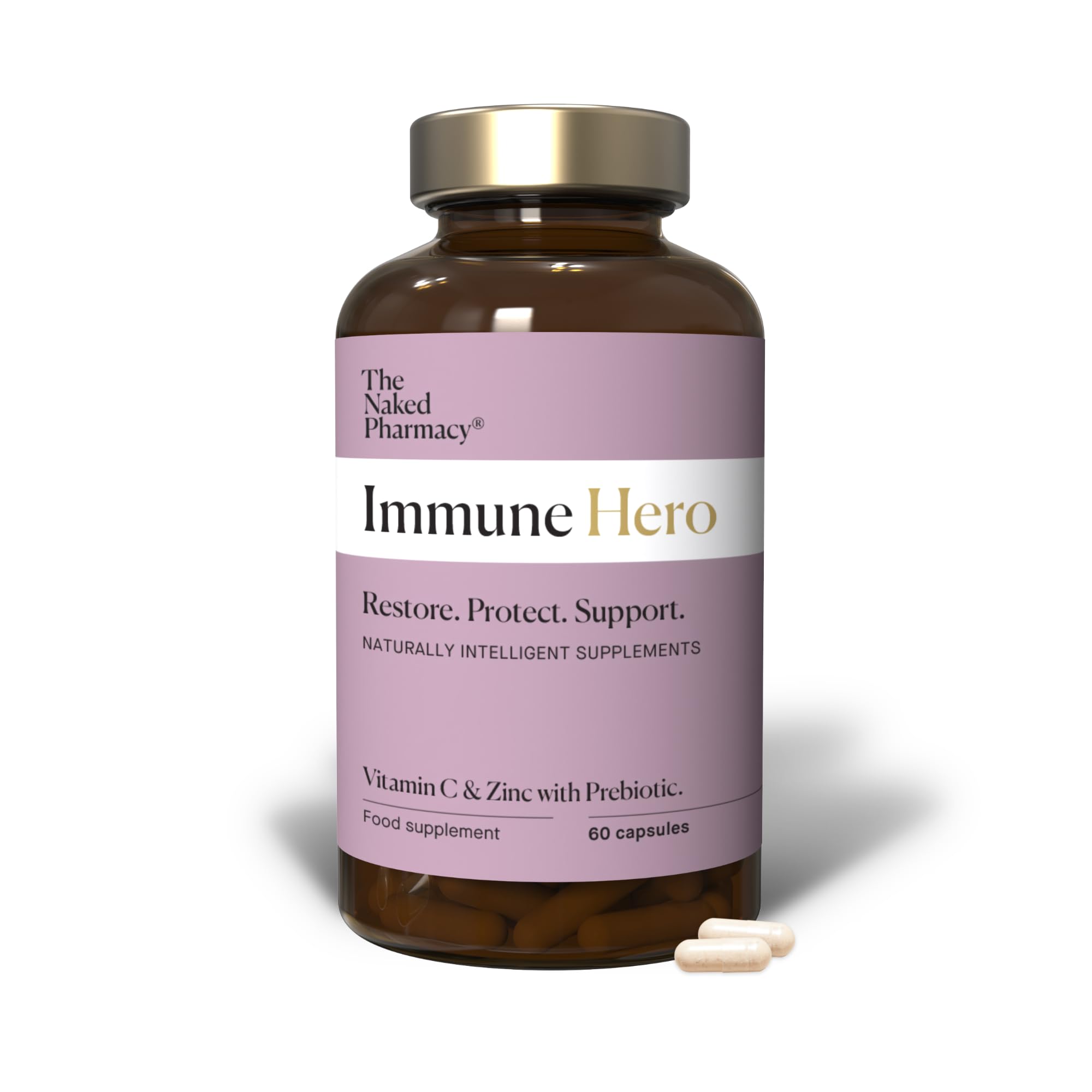 The Naked Pharmacy | Immune Hero for Adults | Natural Immunity Booster | Vitamin C, Zinc & Prebiotic | Energy & Fatigue | Collagen Supplement | No Additives | Vegan | 60 Capsules