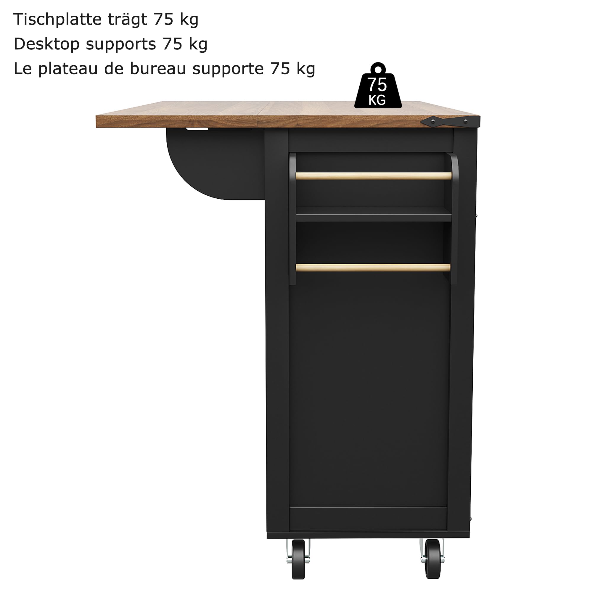 Merax Kücheninsel mit klappbarer Arbeitsplatte, Küchenwagen auf Rollen, Küchenschrank mit Schiebetüren, Servierwagen Holzoptik, mobiler Esstisch ausziehbar, Schwarz, 140x45-73x94 cm