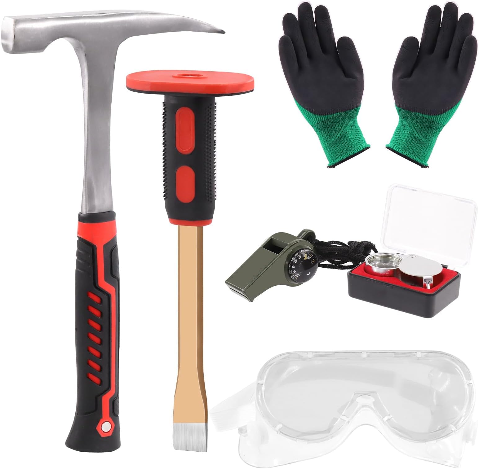 Tanstic 6Pcs Geology Rock Hammer and Chisel Kit, 30oz Hammer & 12" Digging Chisel, Whistle, Safety Glasses, Jewelers Loupe and Gloves, Rock Hounding Equipment Set for Hounding Stone Breaking