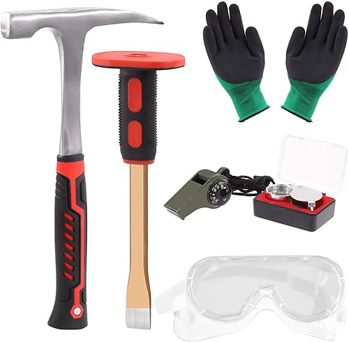 Tanstic Kit de 6 martillos y cinceles de roca de geología, martillo de 30 onzas y cincel de excavación de 12 pulgadas, silbato, gafas de seguridad,