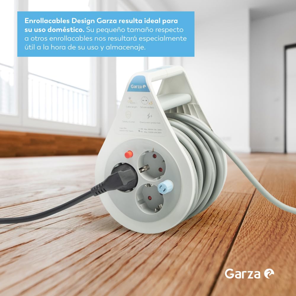 Garza - Enrollacables mini 10m, 4 tomas con toma de tierra, doméstico interior en color rojo y negro, protección contra sobretensión y sobrecalentamiento, protección infantil, garantía 3 años
