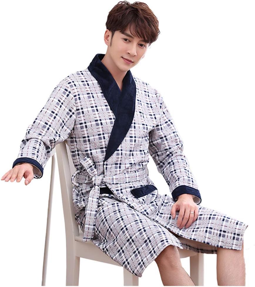 YYZKYTO Pajamas Men's Nightshirts Sleepwear Long-Sleeved Winter Sandwich Nightgown Warm and Comfortable Plus Size Bathrobe Dad Homewear,4-3XL