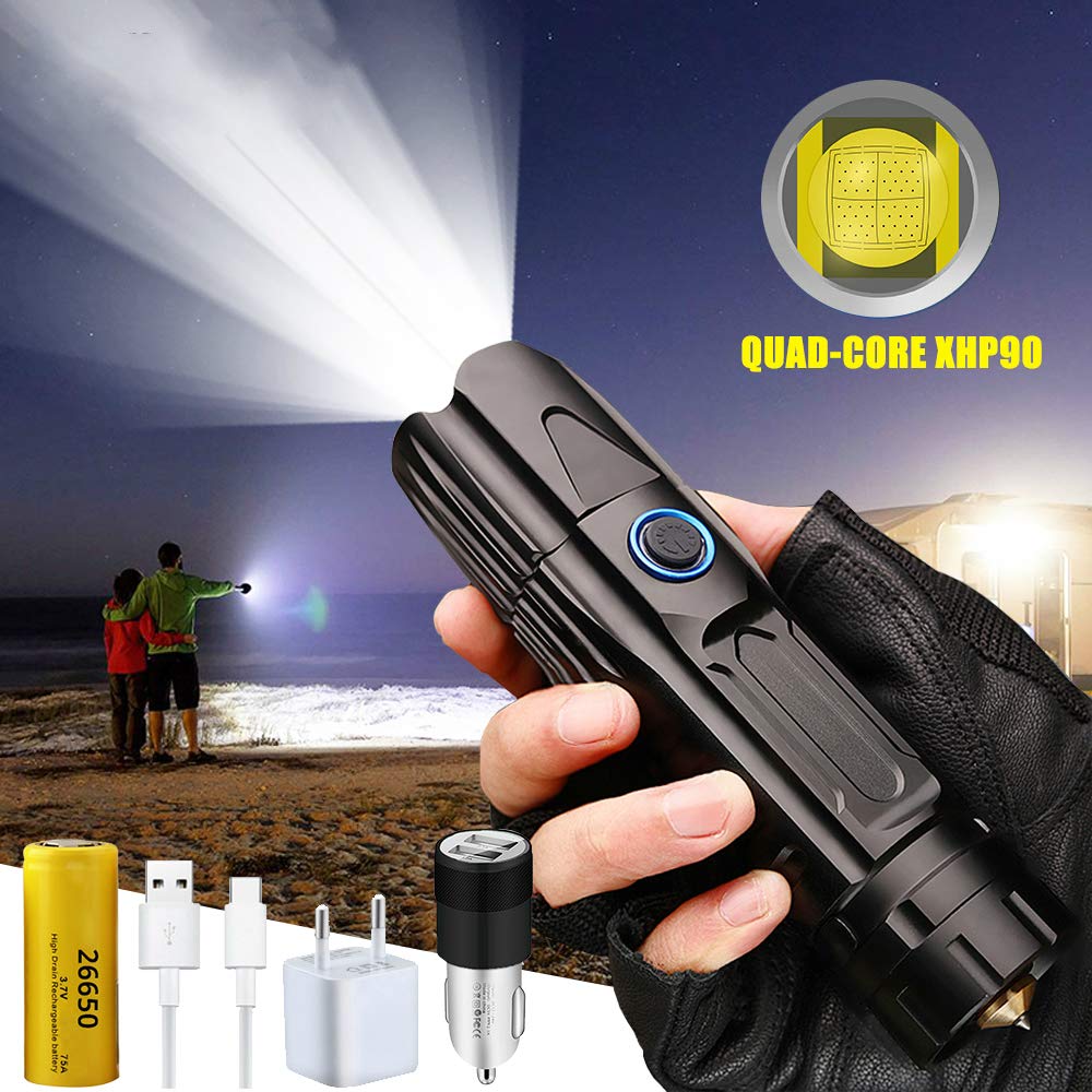 BAJIE Flashlight Super Bright Xhp90 Led Flashlight con Entrada USB y función de Salida 5 Modos Deslumbramiento Antorcha táctica Zoom Impermeable Luz Exterior