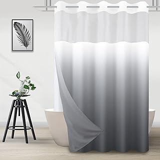 No Hook Ombre Grey Shower Curtain with Snap in Fabric Liner Set, Modern Hotel Style Design for Bathroom, Double Layer Ringless with See Through Mesh Top Window, 71" x 74"