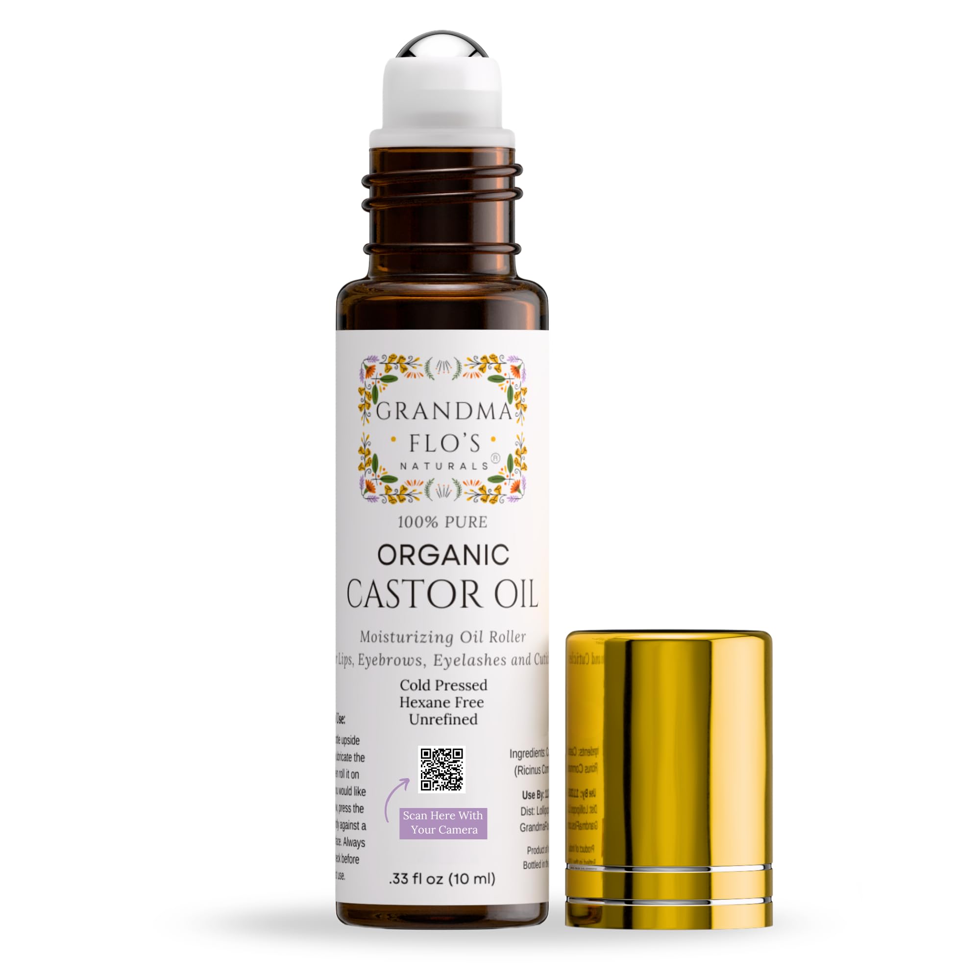 Pure Organic Castor Oil Roll On For Lips, Eyebrows, Under Eyes, Eyelashes and Cuticles - Easy, Less Mess Moisturizer Roller ball Cold Pressed, Hexane Free, Unrefined, Glass Bottle - Travel Size (10ml)