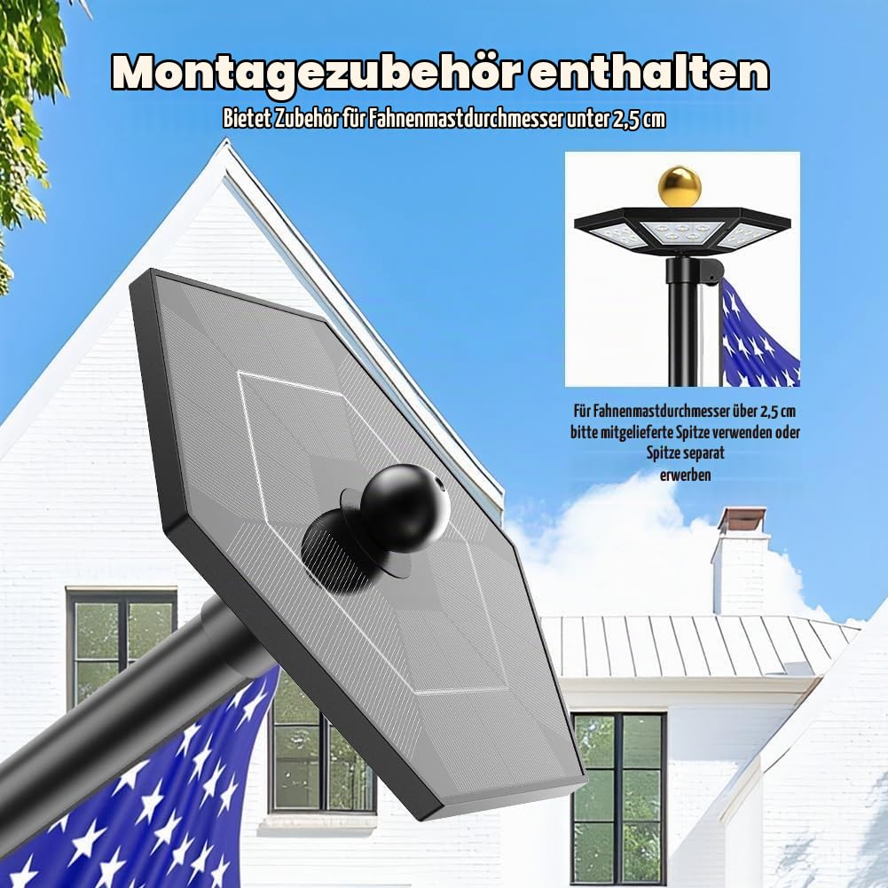 Fahnenmast-Licht, solarbetrieben, obere Halterung, 2000 Lumen, IP67, wasserdicht, Solarleuchte für Fahnenmast, beleuchtet Flagge im Freien von Dämmerung bis Morgendämmerung für 18+ Stunden mit