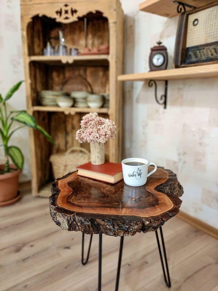 Unique home Antique Wooden Glossy Resin Coffee Table | Side End Table for Living Room Bedroom Office Decor with Foldable Metal Hiarpin Legs Standard Size 14-16 Dia x 18 Height (B0CT97PZF6) Amazon Price History, Amazon Price Tracker