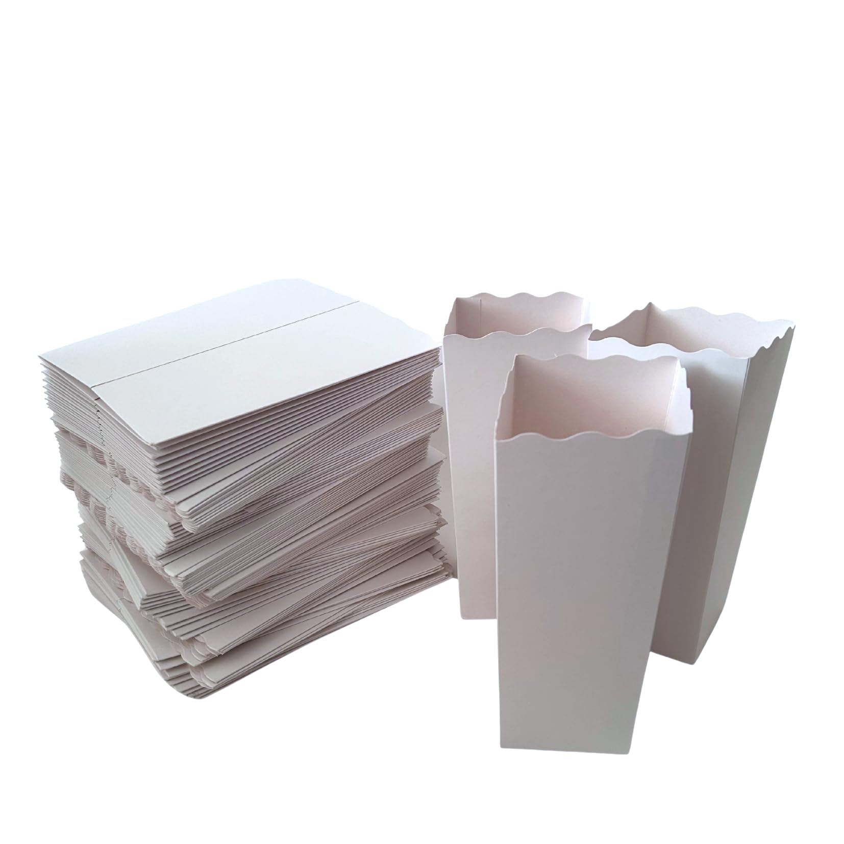 Paquete de 100 cajas de palomitas de maíz blancas, 7.75 pulgadas de alto, contenedor desechable de cartón para fiestas, noche de cine, aperitivos, decoraciones