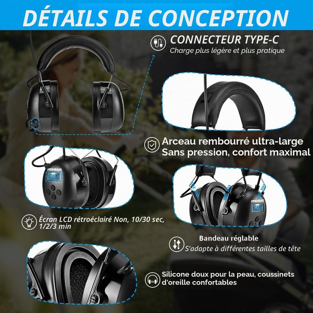 PROHEAR 033A (mise à niveau) Protection auditive avec radio DAB +/Bluetooth/FM, casque avec radio avec microphone intégré et réduction du bruit
