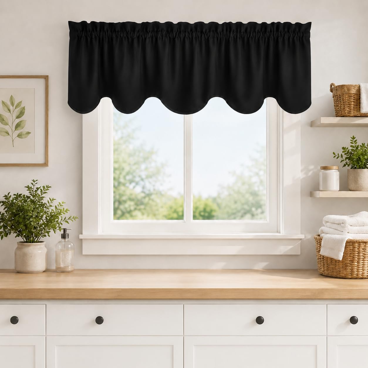 Aquazolax Black Window Valances 2 Pack, Rod Pocket Blackout Privacy Protect Curtains Valance for Kitchen Windows/Bathroom/Living Room, 52 Wide x 18 Long inch, Black