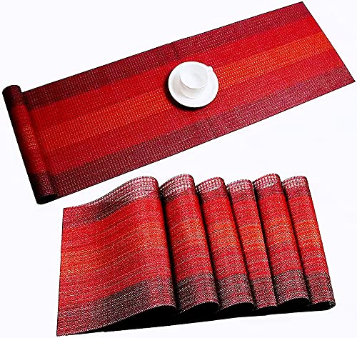 Wangchao Placemats And Table Runner Set,6 Placemats With Table Runner Woven Vinyl Table Mats And Runner For Dining Table (6Pcs Placemats+Table Runner,Ombre Red) #TOP6