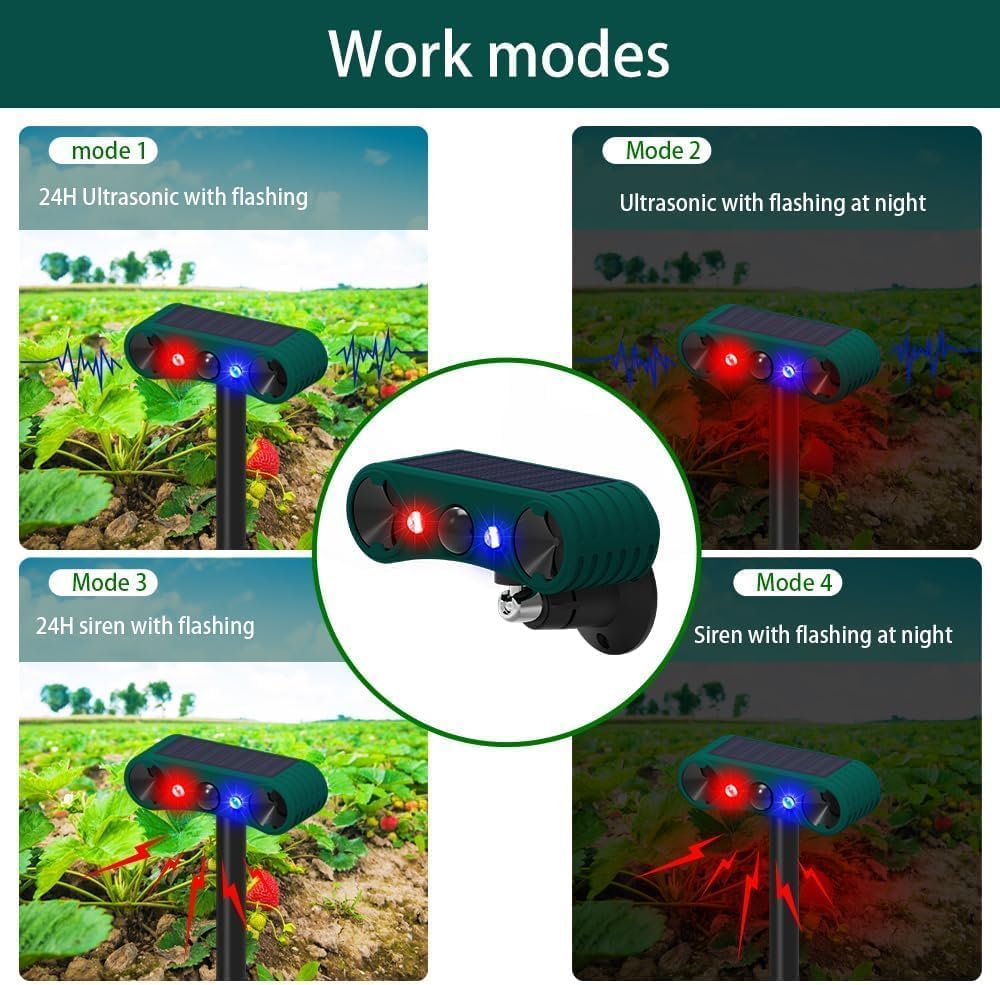 Alarma solar con sensor de movimiento para interiores y exteriores, 4 modos de sirena de 129 db, con advertencia intermitente roja y azul. Ideal para hogares, villas y granjas (2 unidades)