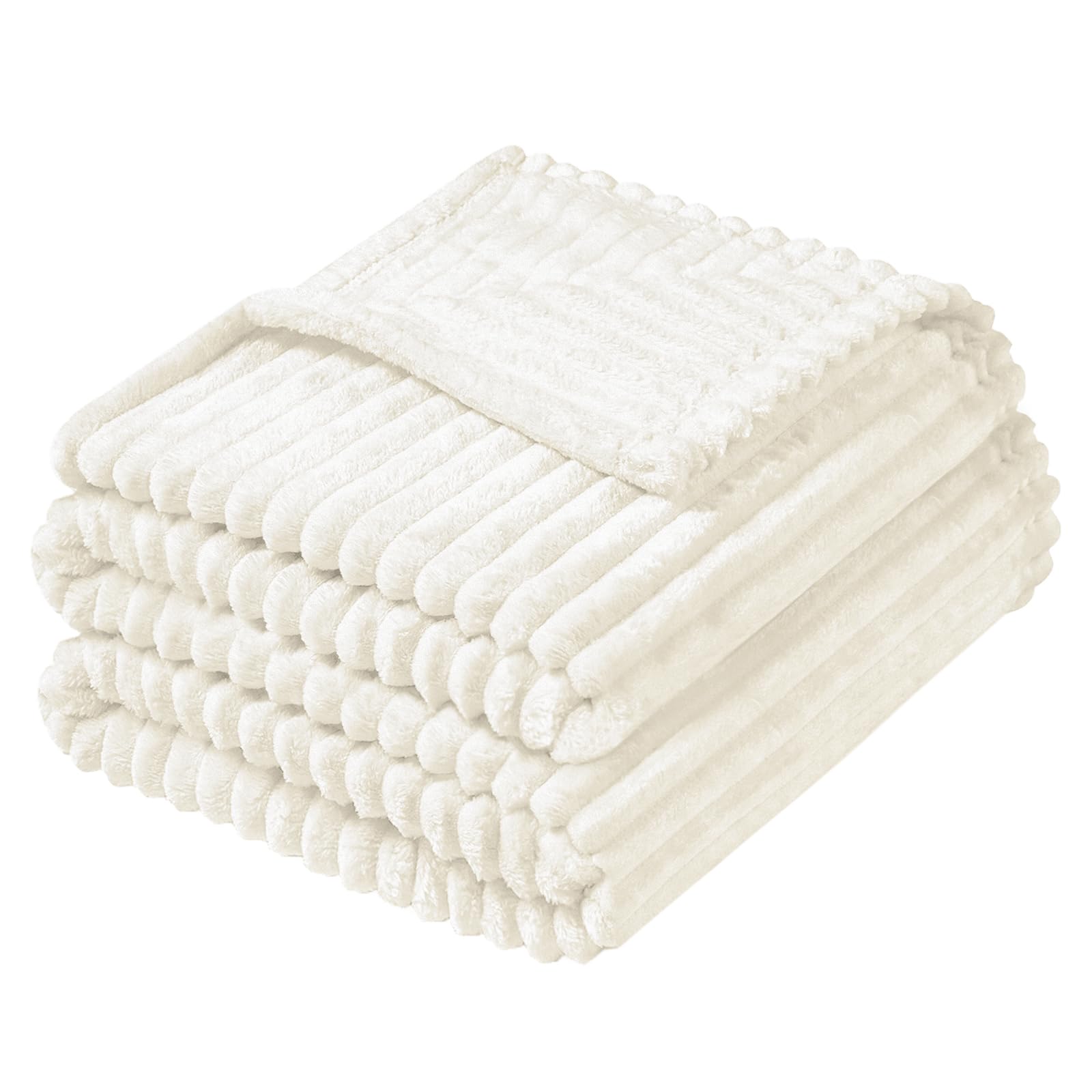 Vessia Flannel Fleece Striped Bed Blanket Twin Size(60x80inch), 300GSM Microfiber Cream Comfy Decor, Soft Warm Cozy Lightweight Ivory Ribbed Blanket
