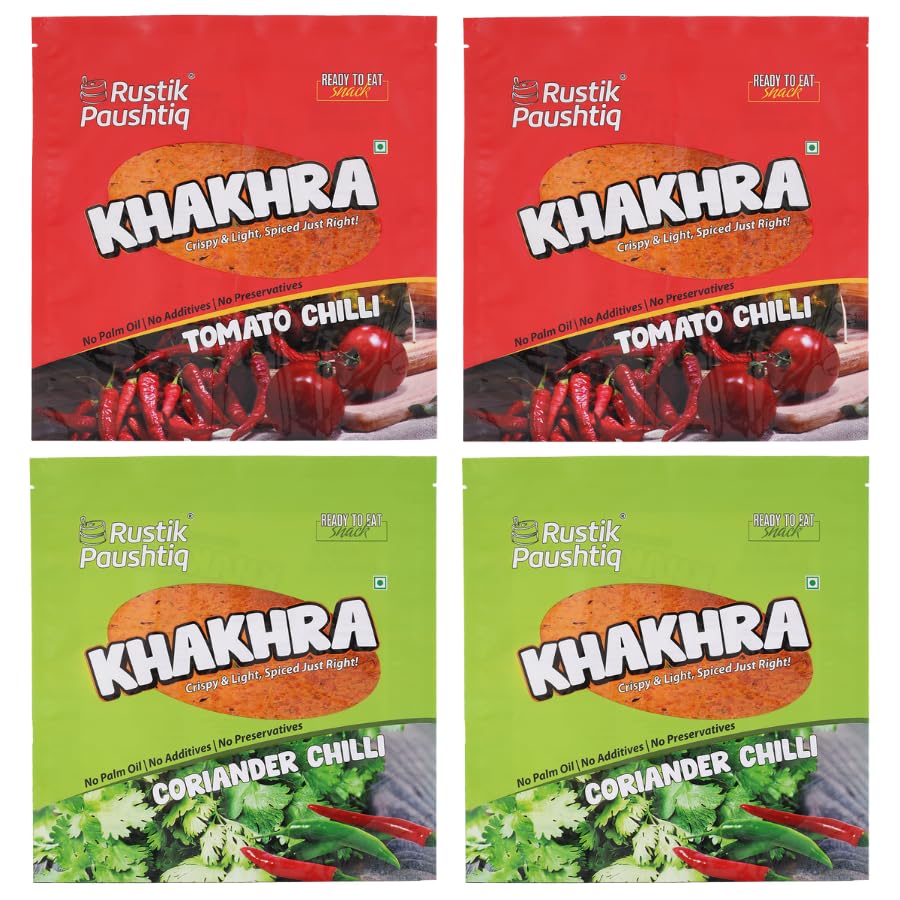 Image of RUSTIK PAUSHTIK Baked Khakhra Combo Pack - 200g x 4 Packets | 2 Tomato Chilli & 2 Coriander Flavour | Roasted Gujarati Snack | High Fiber Diet Snack | No Palm Oil | Ready to Eat Tea Time Snack | 800g