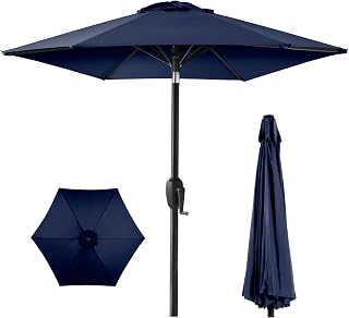 Best Choice Products 7.5ft Heavy Duty Round Patio Umbrella w/ Steel Pole, Push Button Tilt, Crank Lift - Windproof Navy Blue