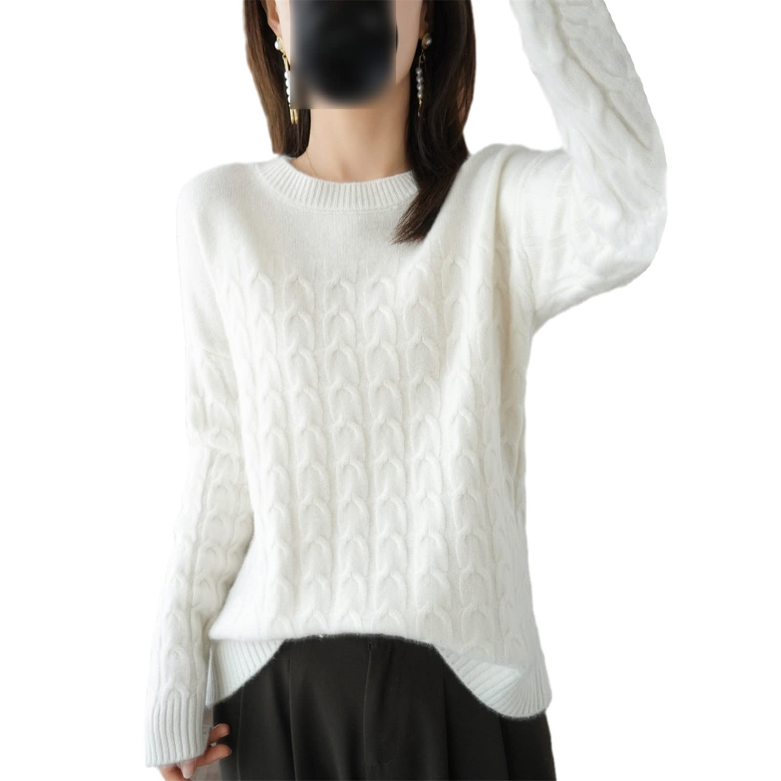 100% lana suéter de cachemira otoño invierno mujer O cuello jersey casual punto top chaqueta de manga larga, blanco, L