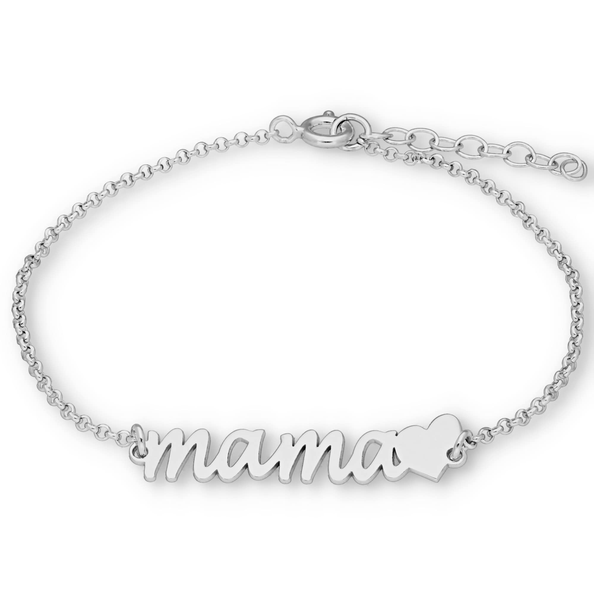 Pulsera Mamá con Corazón en Plata de Ley para Mujer - Ideal para el Día de la Madre - Largo 19cm incluido alargador (Pulsera Mamá, Plata de Ley 925)