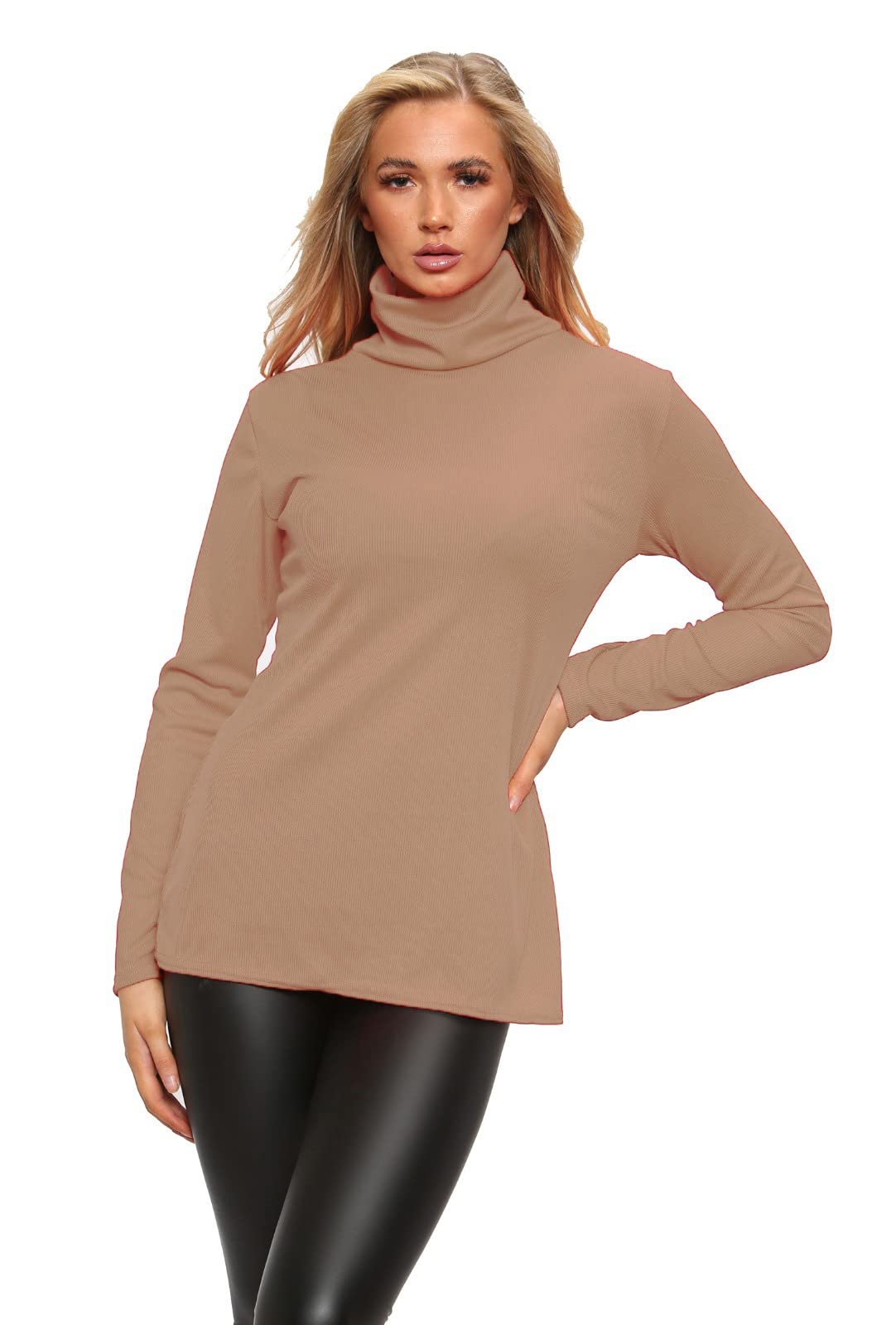 Womens Polo Turtle High Roll Neck Plain Ribbed Long Sleeve Ladies Stretch T-Shirt Top (20-22, Beige)