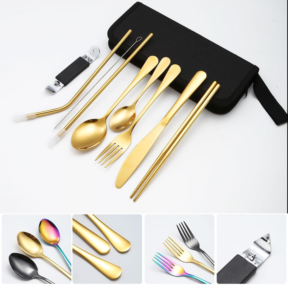 Silverware Flatware Set, 9/36/54/72/90/108 Piece Stainless Steel Portable Tableware Set Outdoor Picnic Knife, Fork, Spoon, Chopsticks, Straw, Family Dinner Storage Bag(Silver,36 Piece set for 4)