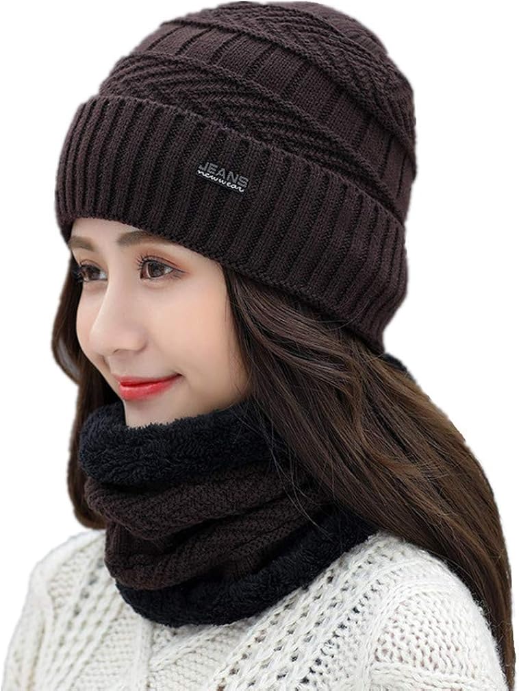 Hat Scarf Set Winter Beanie Warm Knit Hat Fleece Lined Scarf Warm Winter Hat for Men & Women