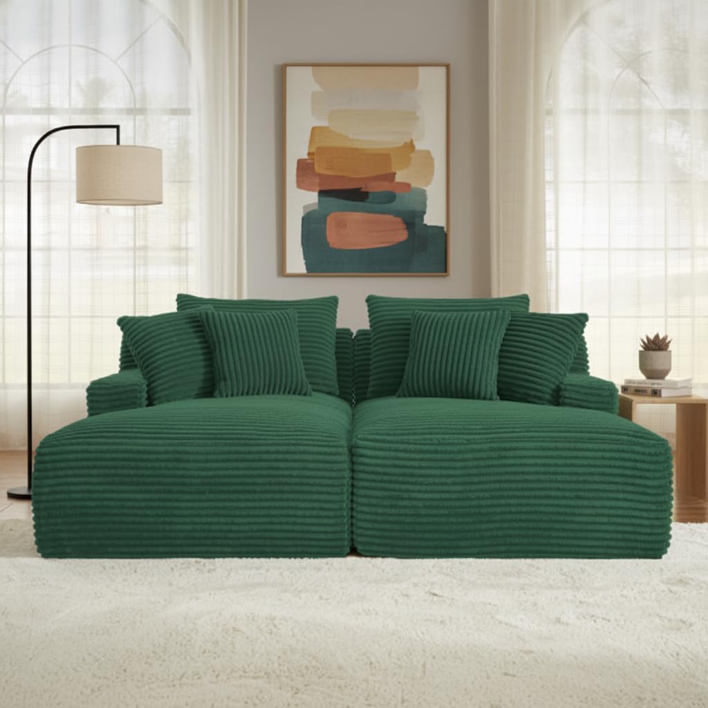 79" Double Chaise Lounge Chair Indoor: Oversized Comfy Corduroy Upholstered Boneless Couch with 4 Pillows for Living Room Bedroom and Apartment, Deep Seat Sleeper Sofa, 2-Seat Green