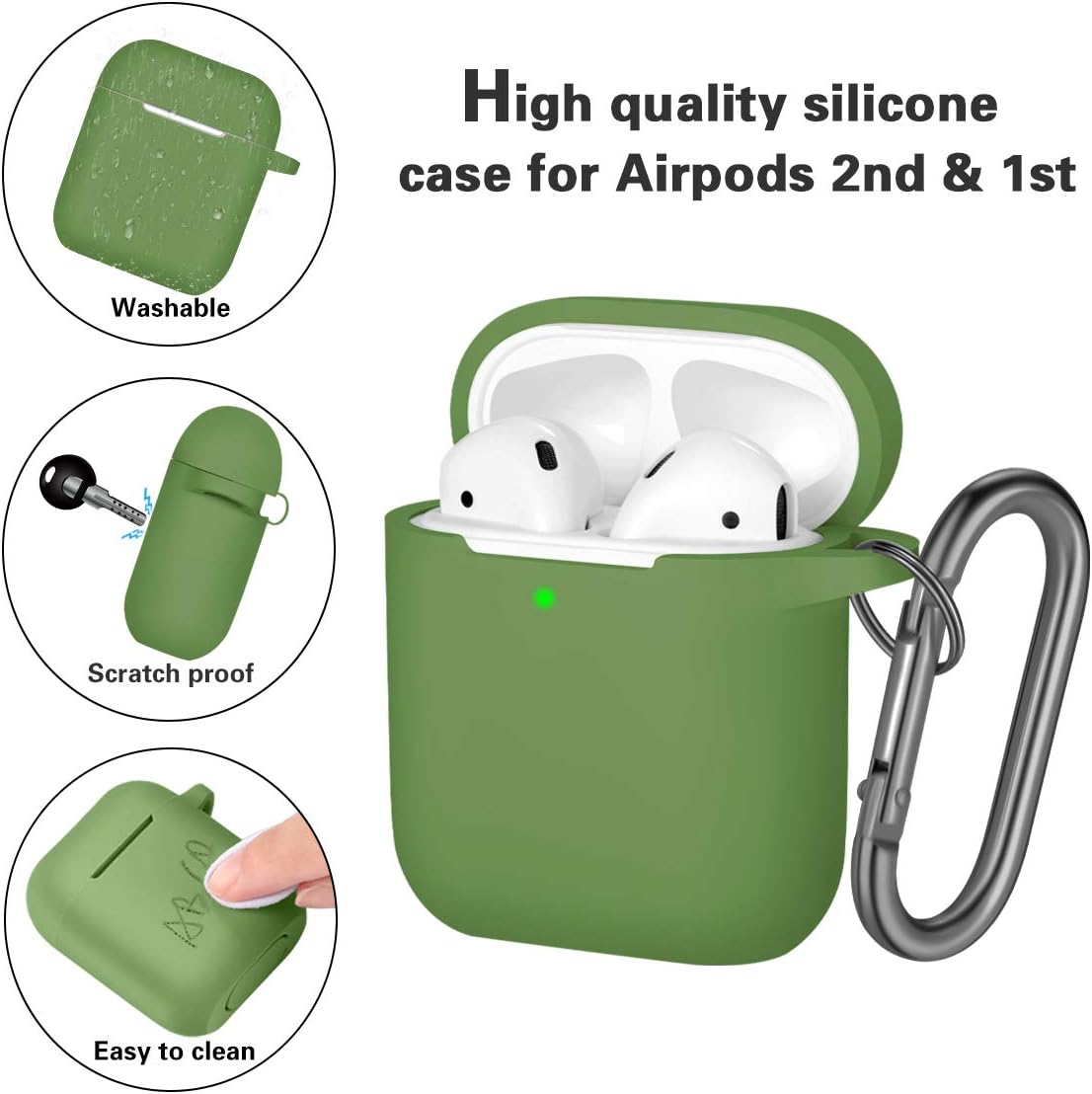 GEAK for AirPods Case, (Front LED Visible), Anti-Dust Shockproof Protective Silicone Case Cover with Keychain Compatible for Apple AirPods 1 & 2 Wireless Charging Case, Olive Green