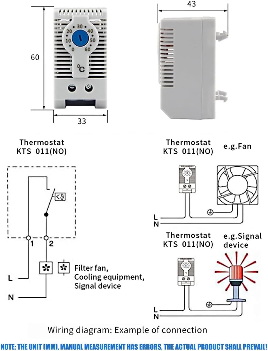 KTS011 NO Normally Open Adjustable Mechanical Temperature Controller Cabinet Thermostat Din Rail,Used for Cooling