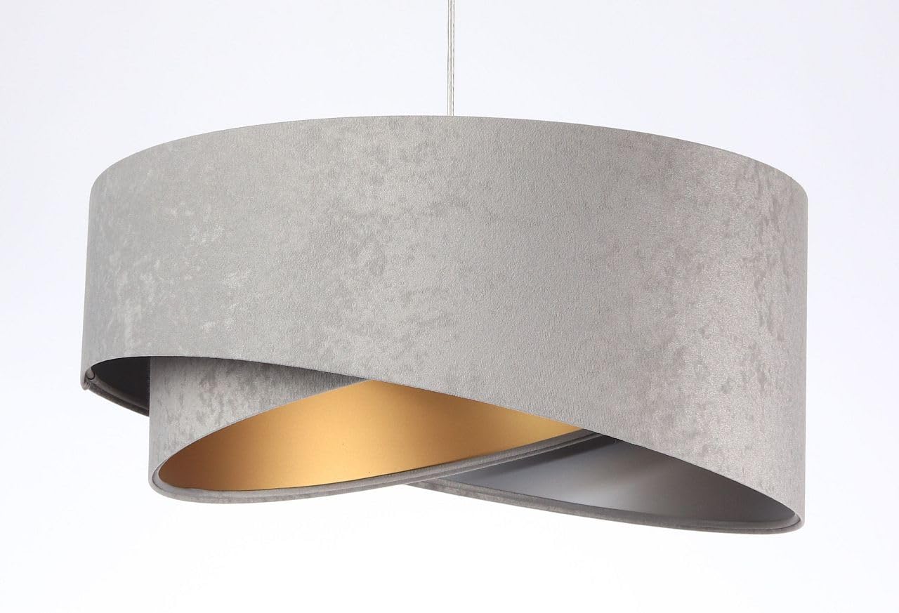 Licht-Erlebnisse Hängeleuchte Stoff E27 rund D: 50 cm in Grau Gold Silber Velours Optik Doppelschirm Modern verstellbare Hängelampe Wohnzimmer Schlafzimmer