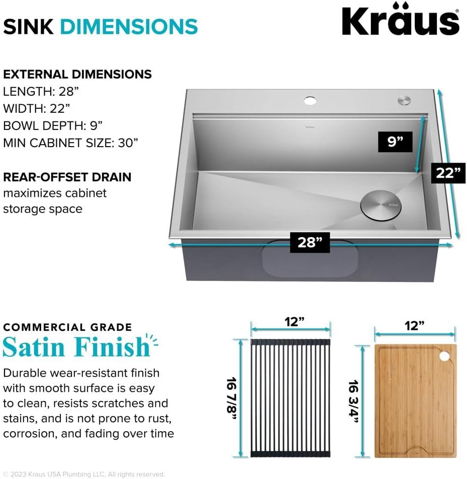 KRAUS Kore 28-Inch Drop In/Top Mount Workstation 16 Gauge Single Bowl Stainless Steel Kitchen Sink with Accessories, KWT310-28
