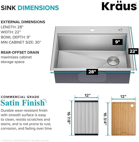 Miniatura 5 de KRAUS Kore KWT310-28 - Fregadero de cocina con estación de trabajo, 28 pulgadas, montaje directo o superior, cuenco individual, de acero inoxidable