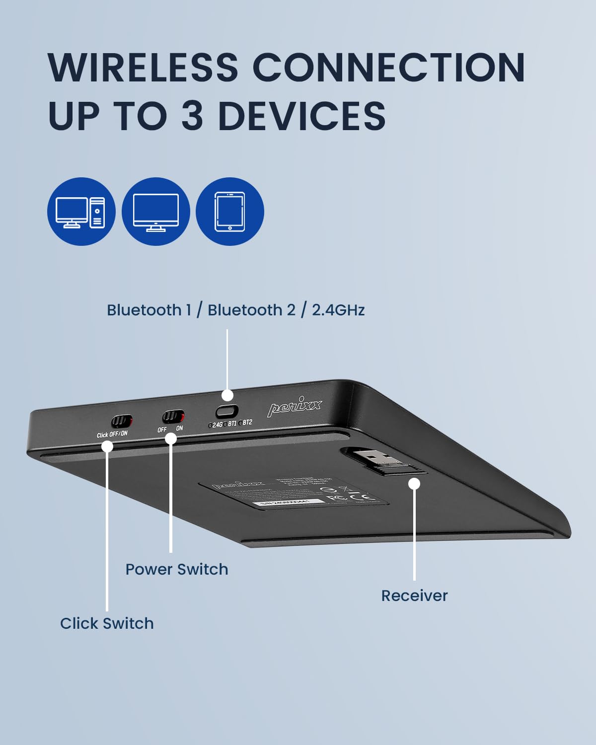 perixx PERIPAD-706 Touchpad sans Fil Slim, Connectivité Bluetooth et 2.4G RF, Rechargeable Via USB-C, Grande Taille 13.5x11.6x1.4 cm, Noir