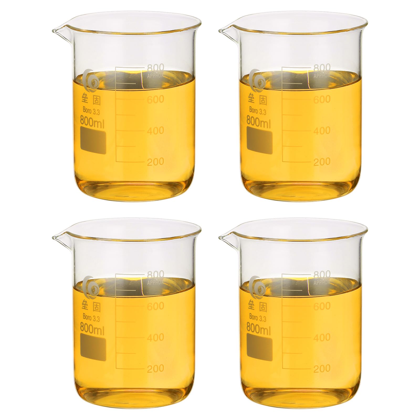 PATIKIL 800ml Vaso De Vidrio Bajo, 4 Piezas Vasos De Vidrio Borosilicato 3.3 Con Escala Y Pico Para Experimentos De Laboratorio, Cocina Y Repostería, Transparente