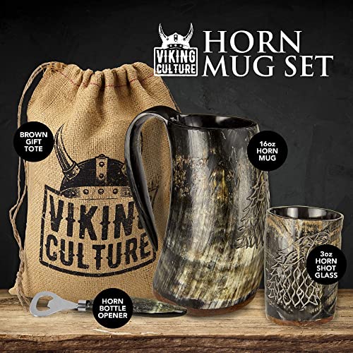 Viking Culture Ox Horn Mug, Shot Glass, And Bottle Opener (3 Pc. Set) Authentic 16-Oz. Ale, Mead, And Beer Tankard | Vintage Stein With Handle | Custom Intricate Design - Natural Finish | Wolf/Fenrir #TOP4