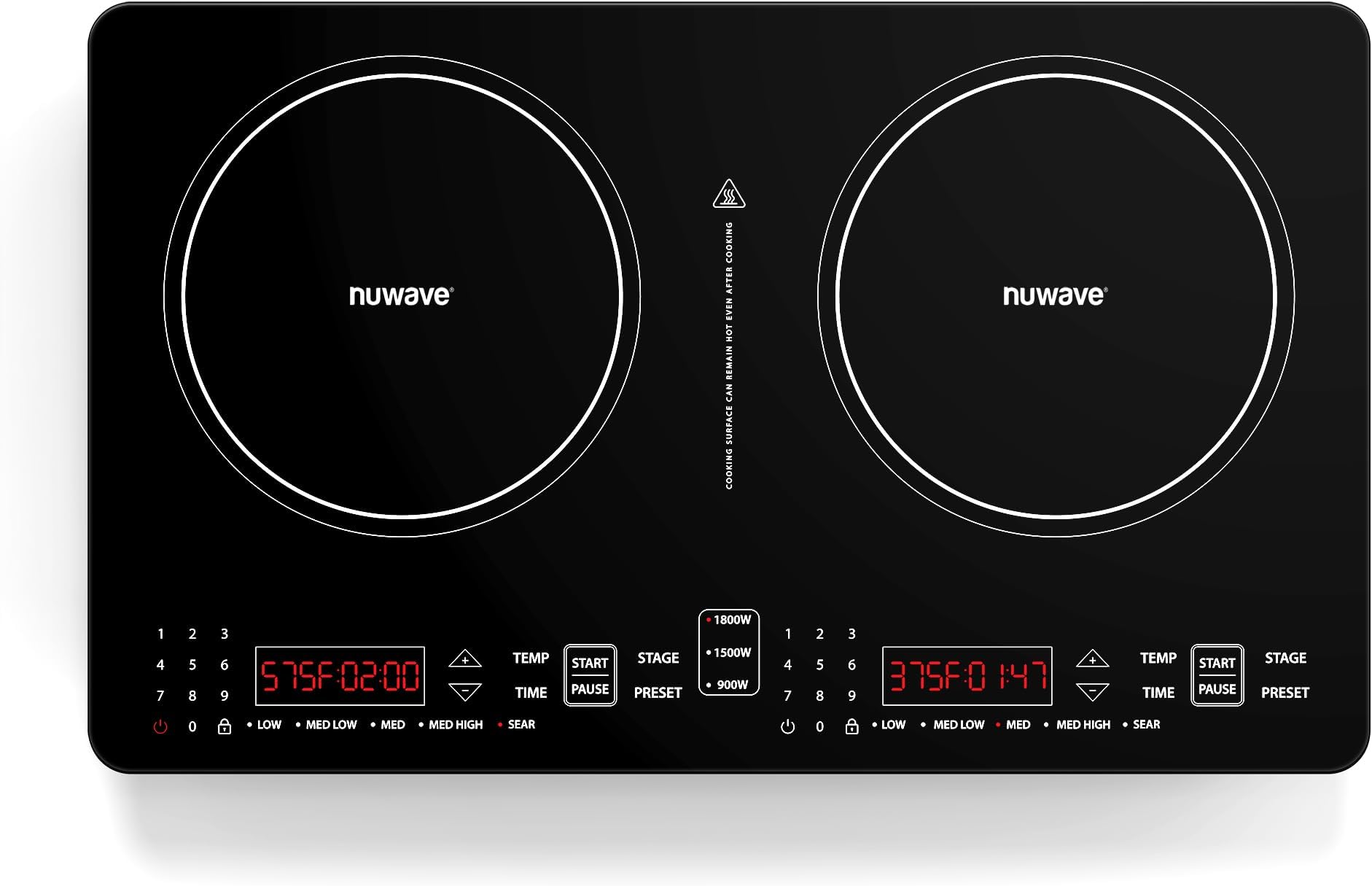 PIC Double Portable Induction Cooktop, 900W/1500W/1800W Options, Two 8” Heating Zones, 106 Precise Temperatures from 50°F–575°F in 5°F Increments, Shatter-Resistant Ceramic Glass
